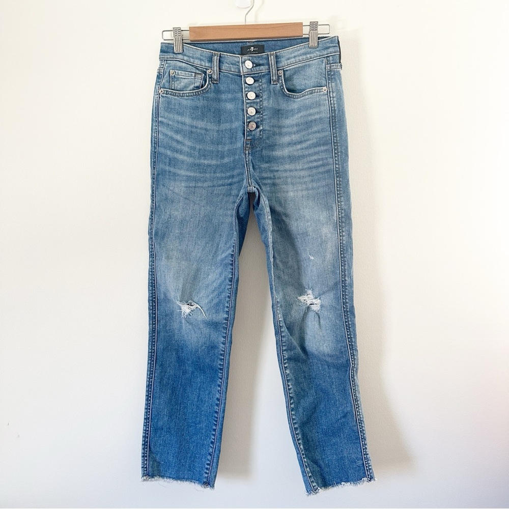 7 For All Mankind High Waist Cropped Straight Button-Fly Jeans Indigo 27